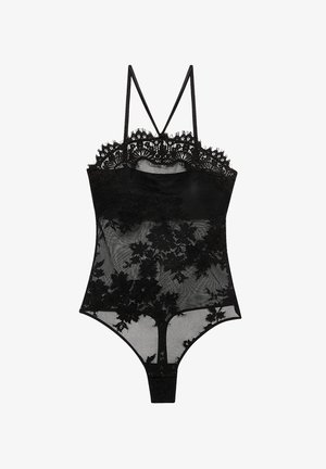 Zwarte kant bodysuit met bloemenpatroon, doorzichtig mesh-stof, verstelbare spaghettibandjes en drukknoopsluiting aan de onderkant.