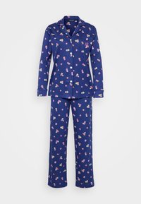 Conjunto de pijama azul-marinho com estampa floral em rosa, amarelo e branco. Blusa com botões, gola e mangas compridas, calças com cintura elástica a condizer.