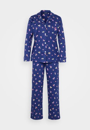 Completo pigiama navy con stampa floreale in rosa, giallo e bianco. Maglia button-up con colletto e maniche lunghe, pantaloni abbinati con vita elastica.