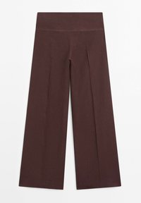 Pantaloni marroni a gamba larga con vita alta, distesi su sfondo bianco mostrando i dettagli della vista frontale.