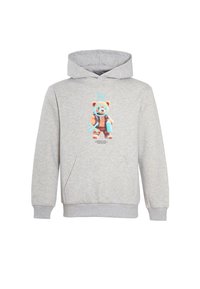 Felpa grigia con tasca frontale, caratterizzata da un design stampato di un orso cartoon, che indossa una corona e tiene in mano una bomboletta spray, in colori vivaci.