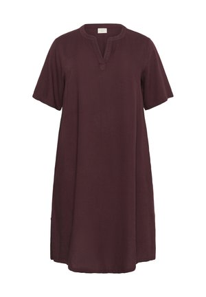 Lila kortärmad klänning med Henley-krage, lös passform och knälång design. Tillverkad av mjukt, texturerat tyg. Inga synliga mönster eller detaljer.