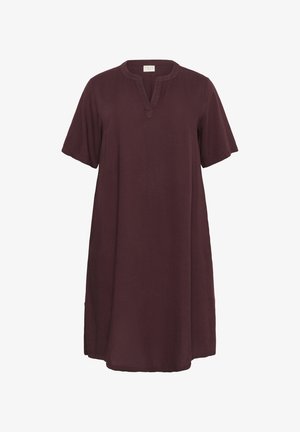 Lila Kurzarmkleid mit Henley-Ausschnitt, lockerem Schnitt und knielanger Länge. Hergestellt aus weichem, strukturiertem Stoff. Keine sichtbaren Muster oder Hardware.