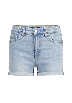 Light blue denim shorts with a rolled hem, five-pocket design, front button and zipper closure, and subtle fading.