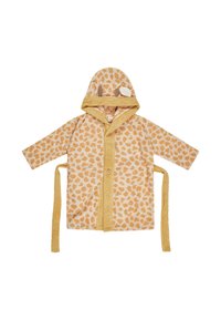 Accappatoio morbido giallo con design a stampa leopardata, dotato di cappuccio, due dettagli a forma di orecchie e una cintura da annodare. Realizzato in tessuto peloso e testurizzato.