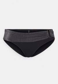 Black bikini bottoms with a metallic dark gray waistband, featuring a gathered design and a circular metal accent on the side.