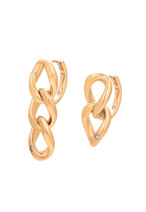 Auksinio tono grandinėlės žiedų auskarai su trimis susietais žiedeliais kairėje ir dviem dešinėje, kiekviename – mažas įmontuotas kristalas.