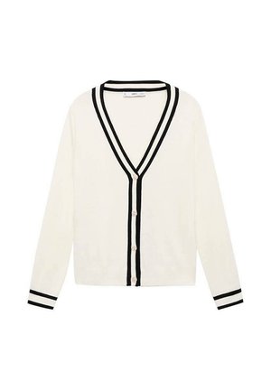 Witte cardigan met zwarte strepen langs de V-hals en manchetten, met zes knopen en een zachte, gladde textuur.