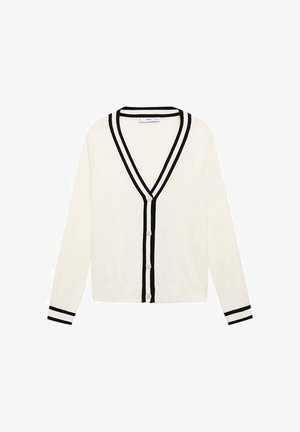 White cardigan with black stripes along the V-neck and cuffs, featuring six buttons and a soft, smooth texture.