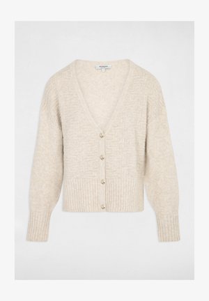 Beiger Cardigan mit V-Ausschnitt, strukturiertem Muster und gerippten Bündchen. Mit fünf runden Knöpfen auf der Vorderseite und einem weichen, gemütlichen Stoff.