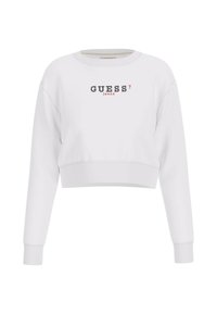 Felpa bianca a maniche lunghe, corta, con logo "GUESS?" in nero e rosso sul davanti. Tessuto liscio, design a girocollo.