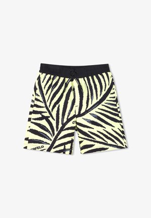 Pantaloncini da bagno gialli con motivo a foglie nere, vita elastica con coulisse e logo sul lato inferiore sinistro.