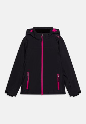 Schwarze wasserdichte Jacke mit Reißverschluss vorne, rosa Akzenten und Kapuze. Enthält zwei seitliche Reißverschlusstaschen. Glatte Textur.