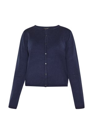 Námořnický modrý kardigan vyrobený z měkké tkaniny, má dlouhé rukávy, kulatý výstřih a pět knoflíkových zapínání vpředu. Hladká textura.