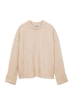 Beige knitted sweater with a crew neckline, dropped shoulders, and ribbed cuffs and hem. Soft texture with a slightly oversized fit.