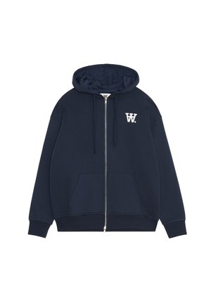 Marinefarbener Zip-Hoodie aus Baumwollmischung, mit klassischer Passform, Kängurutaschen, verstellbarem Kordelzug am Kapuzenrand und weißem Logo-Accent.