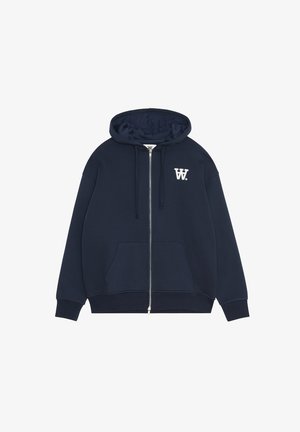 Marineblå zip-up hoodie lavet af bomuldsblanding, med et klassisk fit, kengurulommer, justerbar snor i hætten og hvid logoaccent.
