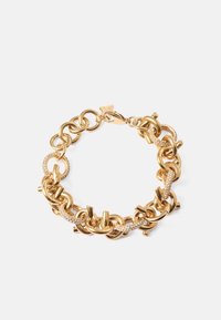 Goldene Armbandkette mit miteinander verbundenen runden und ovalen Gliedern, wobei ein Abschnitt mit kleinen klaren Strasssteinen für Akzente verziert ist.