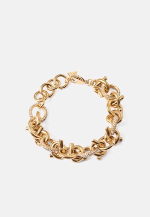 Gouden armband met interlinked ronde en ovale schakels, met een sectie versierd met kleine heldere rhinestones als accent.