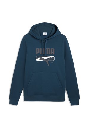 Dark blue hooded sweatshirt with front pocket, drawstrings, and Puma logo and text in gray on the chest.