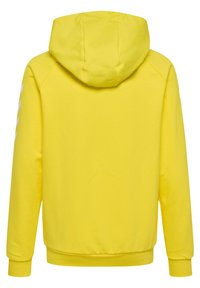 Gul huvtröja med en mjuk textur, med ribbade mudd och nederkant. En vit logotyp går ner längs vänster ärm. Endast bakvy.