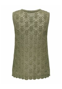 Bezrękawnik z dzianiny w oliwkowej zieleni, z koronkowym wzorem i falbaniastym wykończeniem. Miękka tekstura i otwarty fason zwiększają przewiewność.