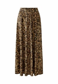 Maxi rok met panterprint van zachte stof. Beschikt over een elastische tailleband en een vloeiende silhouet, met variërende tinten bruin en zwart.