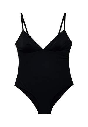 Costume intero nero con sottili bretelle regolabili e scollo a V, progettato per un aspetto elegante e minimalista.