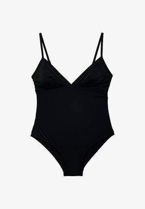 Maillot de bain une pièce noir avec fines bretelles réglables et décolleté en V, conçu pour un look épuré et minimaliste.