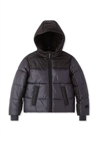 Czarna i ciemnoszara kurtka puchowa z kapturem, z zamkiem błyskawicznym z przodu, dwoma bocznymi kieszeniami i ściąganymi rękawami, zaprojektowana na zimne dni.