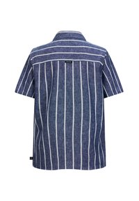 Camicia a maniche corte in tessuto blu scuro con strisce verticali bianche. Presenta un colletto e un'etichetta con la dicitura "RETOUR" sul retro.