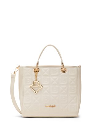 Borsa trapuntata beige con manici superiori, ciondolo a catena dorata, tracolla removibile e logo oro Laura Biagiotti.
