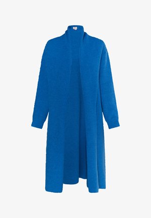 Blue long cardigan made of textured knit fabric. It features a shawl collar and long sleeves, with an open front design and loose fit.