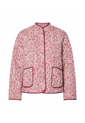 Giacca trapuntata con motivo floreale rosa e bianco, colletto rotondo, maniche lunghe, tasche frontali e bordo rosa lungo i lati.