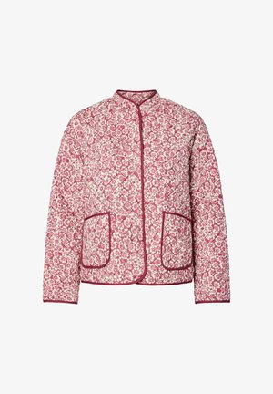 Chaqueta acolchada con un patrón floral en rosa y blanco, cuello redondo, mangas largas, bolsillos delanteros y ribetes rosas a lo largo de los bordes.