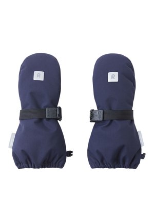 Marineblaue Handschuhe mit glattem Textilfinish, elastischen Bündchen und verstellbaren schwarzen Riemen. Mit einem kleinen grauen Logo auf jedem Handschuh.