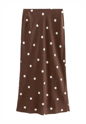 Jupe midi marron à coupe droite avec des pois blancs éparpillés sur un fond uni.