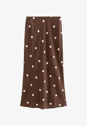 Brauner Midirock mit geradem Schnitt und verstreuten weißen Polka-Dots auf einfarbigem Hintergrund.