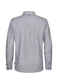 Chemise à manches longues en tissu rayé bleu marine et blanc, dotée d'un col classique et de poignets à boutons, avec un ourlet droit et un empiècement au dos.