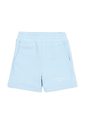 Shorts pour enfants bleu clair avec taille élastique, poches latérales et logo Givenchy blanc sur la partie inférieure de la jambe gauche.