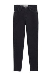 Jeans ajustados negros con una textura de denim suave, diseño de cinco bolsillos, cierre frontal con botón y trabillas para cinturón. Detalles de costura simples por todo el producto.