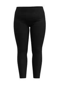 Schwarze Leggings aus elastischem Stoff, mit einem hohen Bund und einer glatten Oberfläche. Einfaches Design ohne sichtbare Muster oder Metallteile.