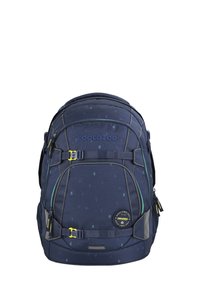 Marineblauem Rucksack mit Tropfenmuster, verstellbaren Trägern, gelben Beschlägen und mehreren Fächern für eine organisierte Aufbewahrung.