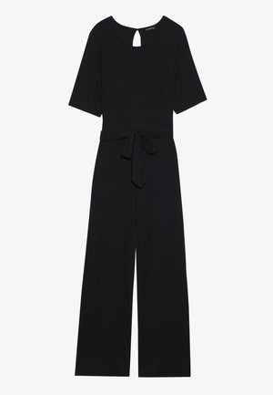 Black ribbed jumpsuit with short sleeves, round neckline, keyhole back, belted waist, and wide-leg silhouette.