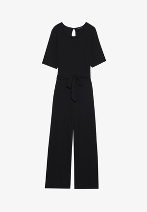 Musthave ribaga kombinesoon lühikeste varrukatega, ümar kaelus, võtmeauk tagaküljel, vöödiga talje ja laiad säärted.