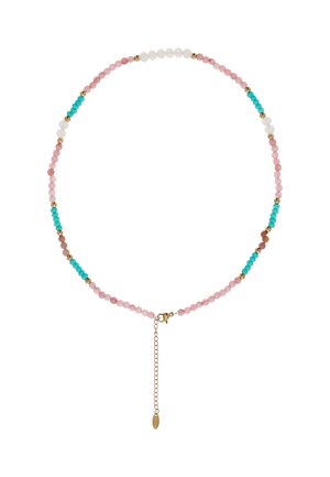 Perlenkette mit kleinen runden Perlen in Pink, Türkis, Weiß und Gold, mit einem goldenen Verschluss und verstellbarer Kette.