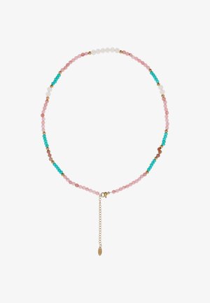 Colier cu mărgele mici rotunde în roz, turcoaz, alb și auriu, prevăzut cu un închizător auriu și un lanț reglabil.