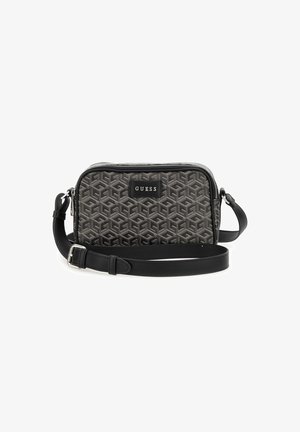 Bolso Bandolera de un patrón negro y gris con una textura suave, cierre de cremallera y correa ajustable; cuenta con un parche de logo en la parte delantera.