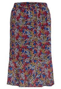 Jupe à motif floral avec des motifs de feuilles rouges, bleues, jaunes et blanches sur un fond noir. Taille élastique et design jusqu'au genou.