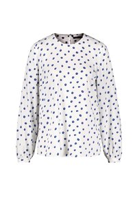 White long-sleeve blouse with blue polka dots, featuring a round neckline and gathered cuffs. Smooth fabric with a slight sheen.